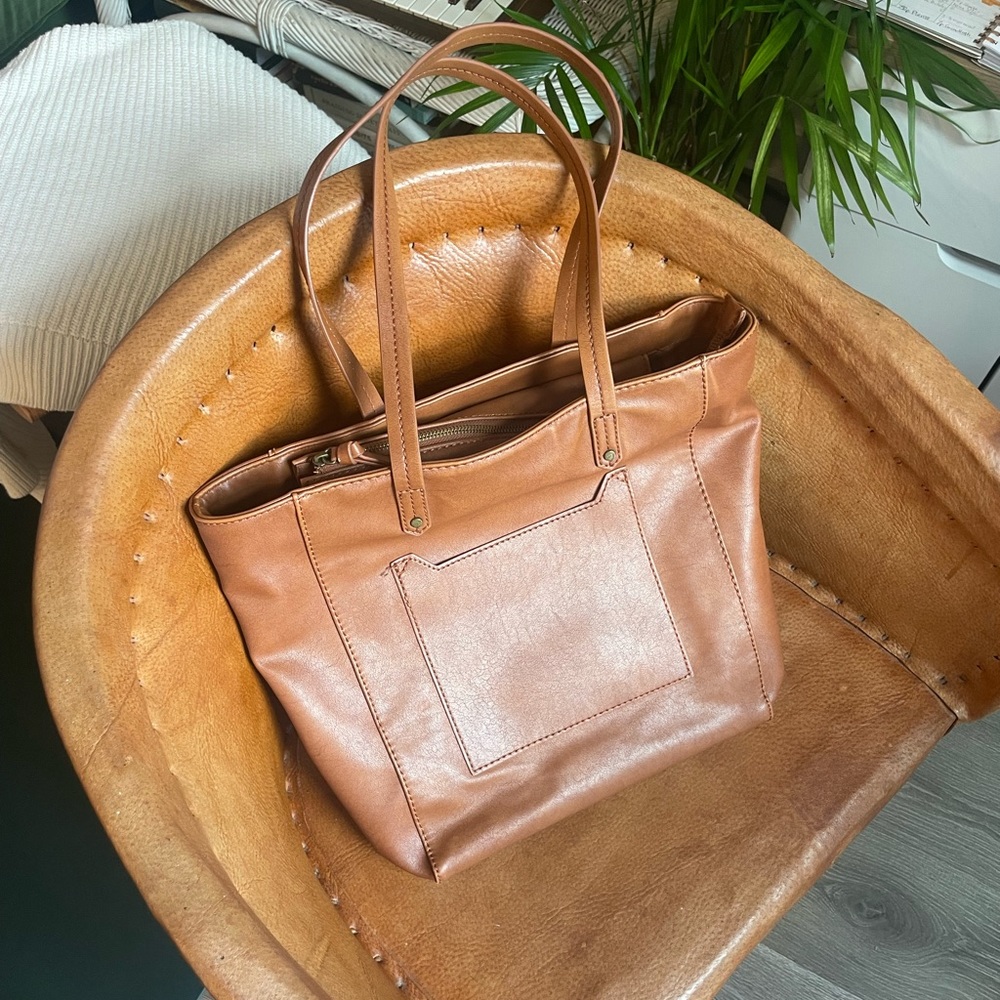 Target Brand Cognac Brown Leather Large Tote Bag with ample pockets